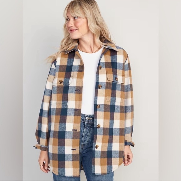 Old Navy Jackets & Blazers - Old Navy Blue Tan White Plaid Utility Shacket Jacket Gorpcore Cabincore Size M